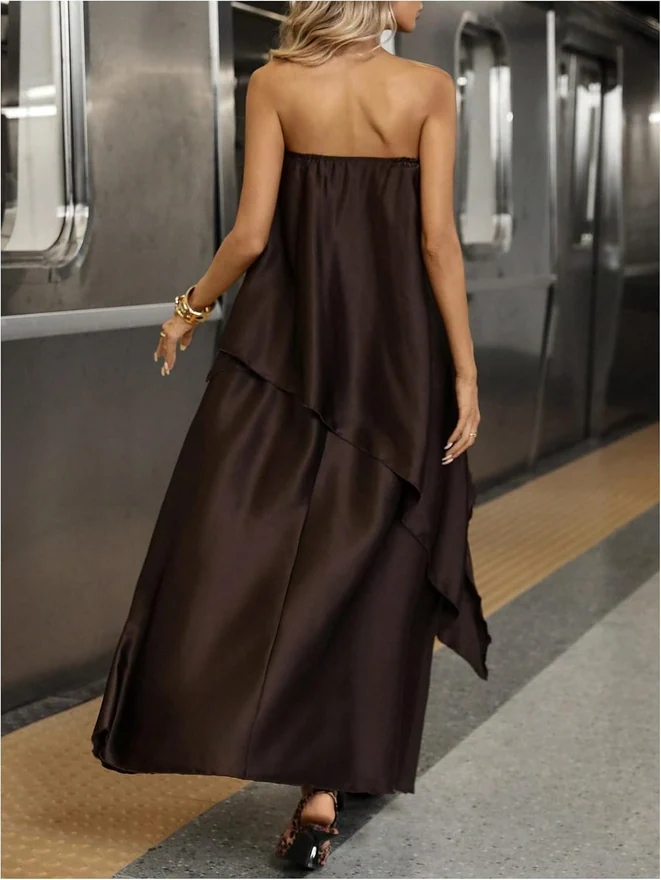 Satin Strapless Maxi Dress Flowy Tube Wedding Guest Dress by OYOANGLE