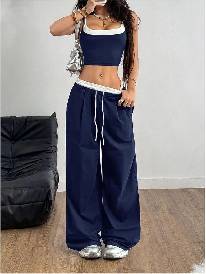 Y2k 2 Pieces Set 2 in 1 Crop Top and Wide Leg Pants Outfit by OYOANGLE, photograph 2 of 3