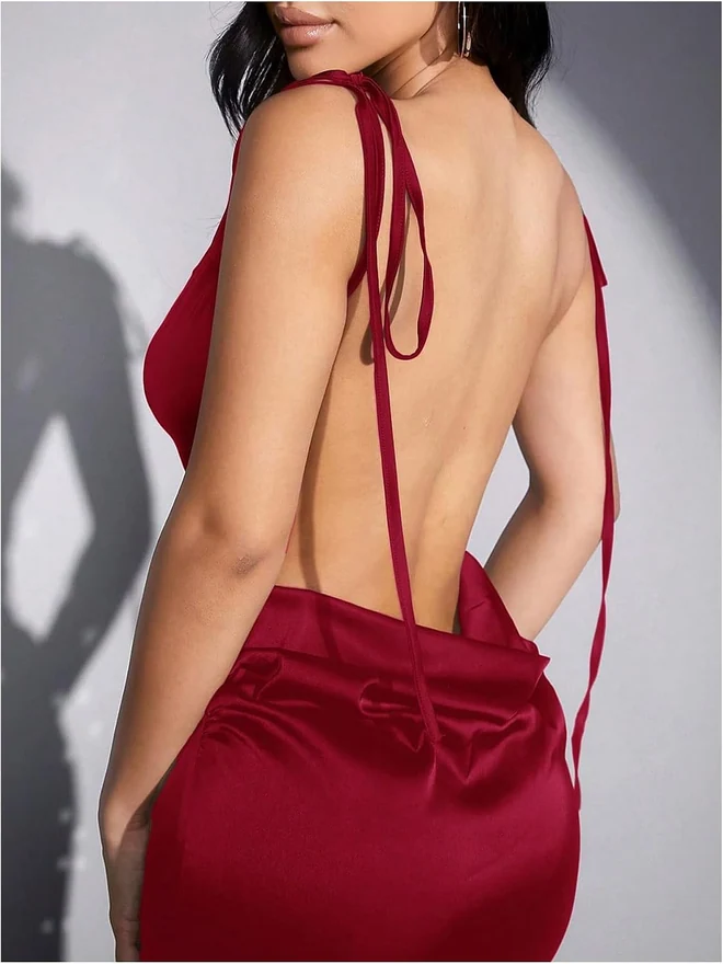 Backless Sleeveless Silky Maxi Dress Drape Cowl Neck Dress by OYOANGLE, photograph 3 of 3