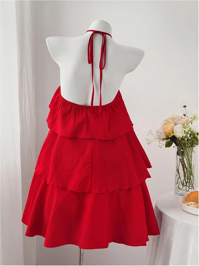 Plus Size Halter 3D Floral Dress Layered Ruffle Sundress by OYOANGLE, photograph 2 of 3