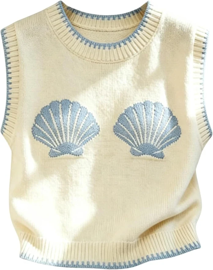 Seashell Sleeveless Crew Neck Sweater Vest Light Yellow by OYOANGLE