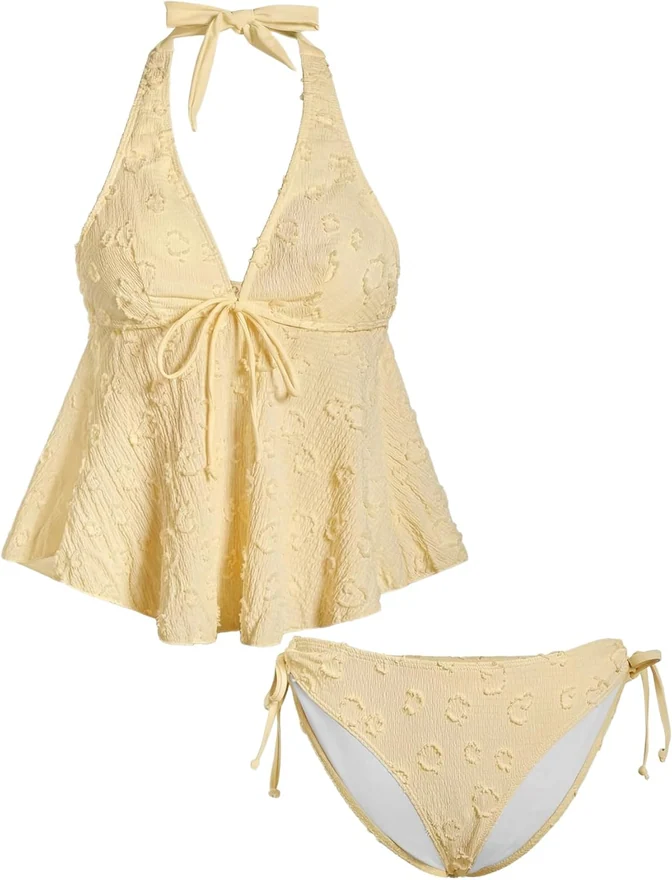 Tankini Swimsuits Textured Flowy Halter Bikini Set 2 Piece by OYOANGLE, photograph 3 of 4