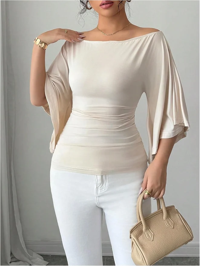Batwing Bell Sleeve Tops Off The Shoulder T Shirts Apricot by OYOANGLE, photograph 4 of 4