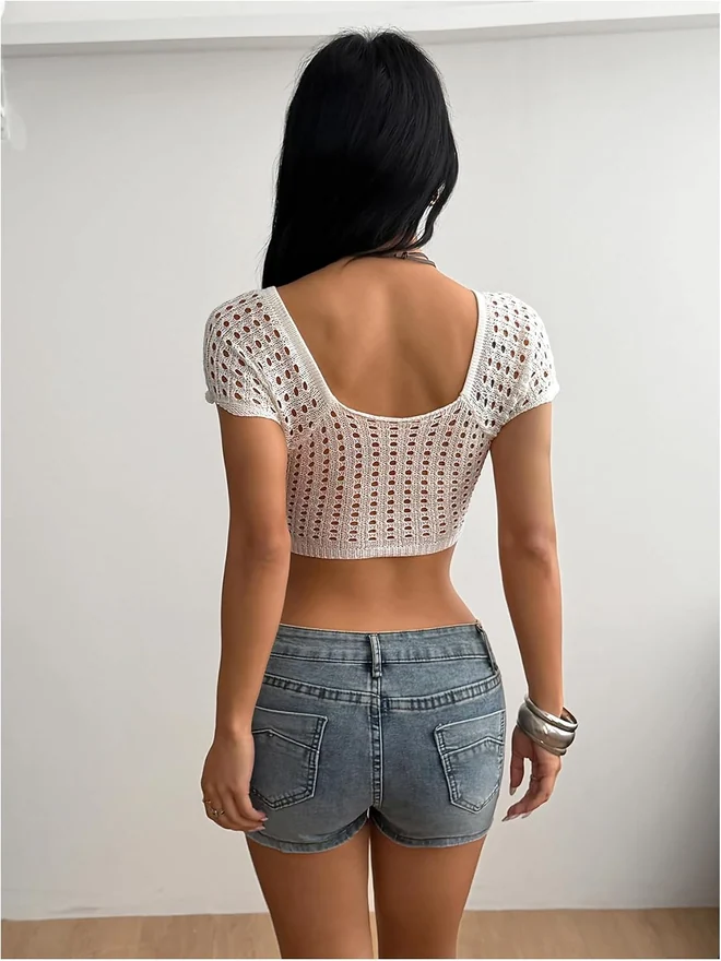 Tie Front Tops Crochet Crop Short Sleeve Sweaters Pullover by OYOANGLE, photograph 2 of 4
