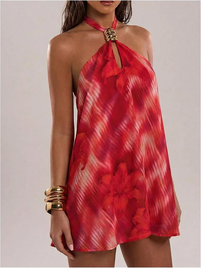 Halter Mini Dress Floral Tie Dye Metal Y2k Summer Dress by OYOANGLE