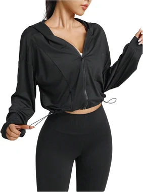 Zip Up Hoodie Jackets Long Sleeve Lightweight Workout Cropped in Black