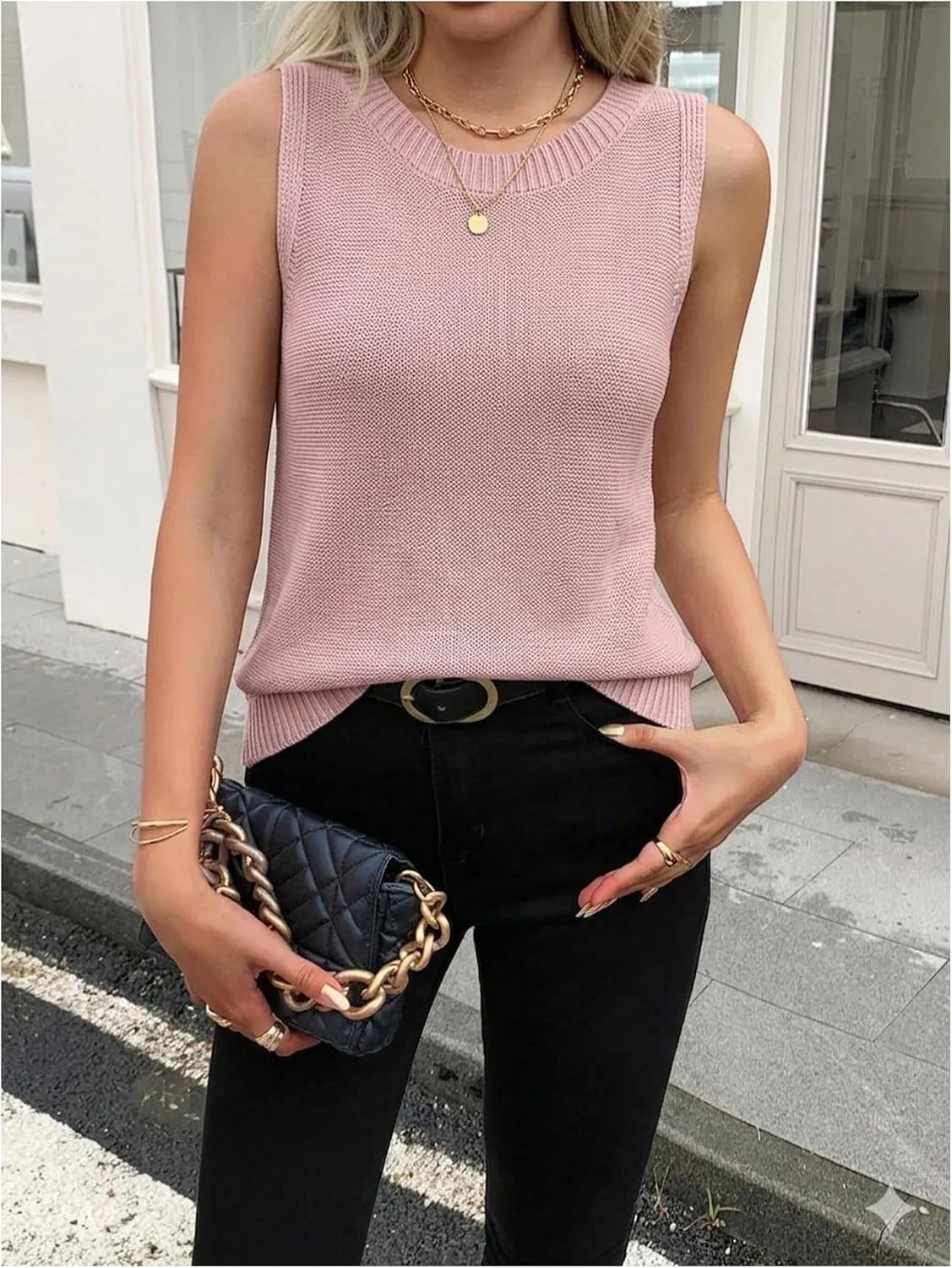 Sleeveless Sweater Vest Crew Neck Pullover Sweaters Basic Going by OYOANGLE, photograph 1 of 4