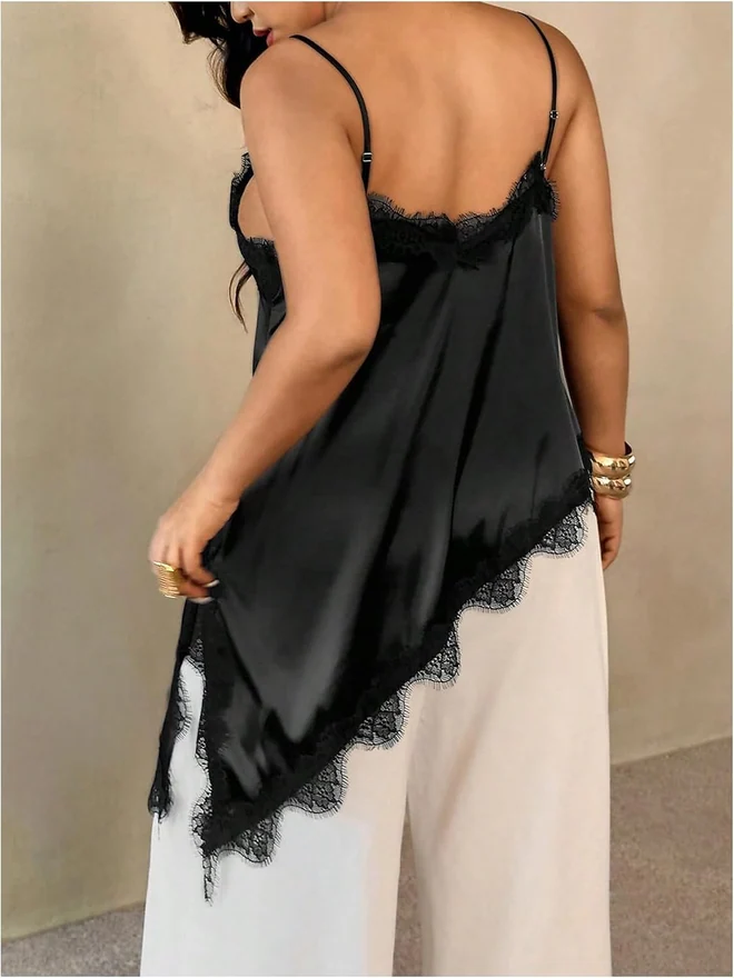 Plus Size Satin Camisole Tops Lace Trim V Neck Sleeveless by OYOANGLE, photograph 2 of 4