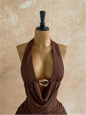 Y2K Halter Ring Linked Ruched Bodycon Mini Night Out Dress in Brown