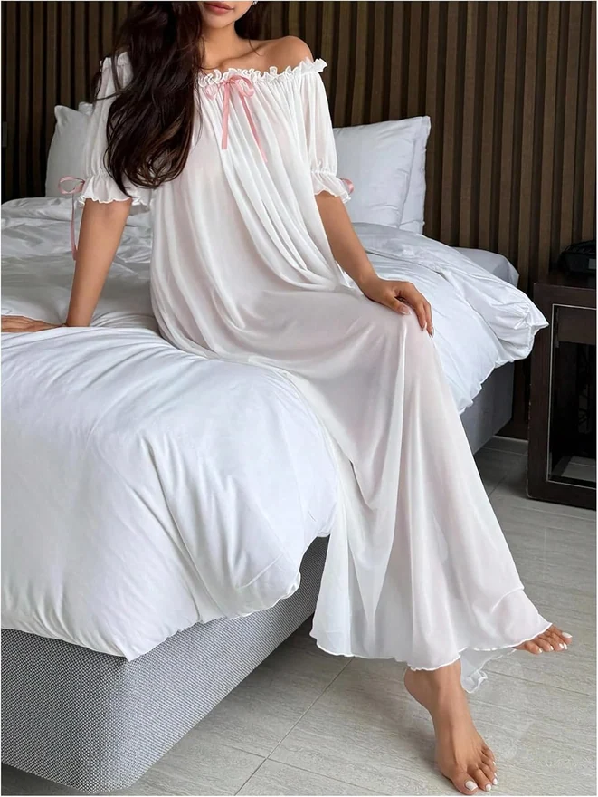 Off The Shoulder Sheer Nightgowns Puff Sleeve Sleep Dress by OYOANGLE, photograph 3 of 3