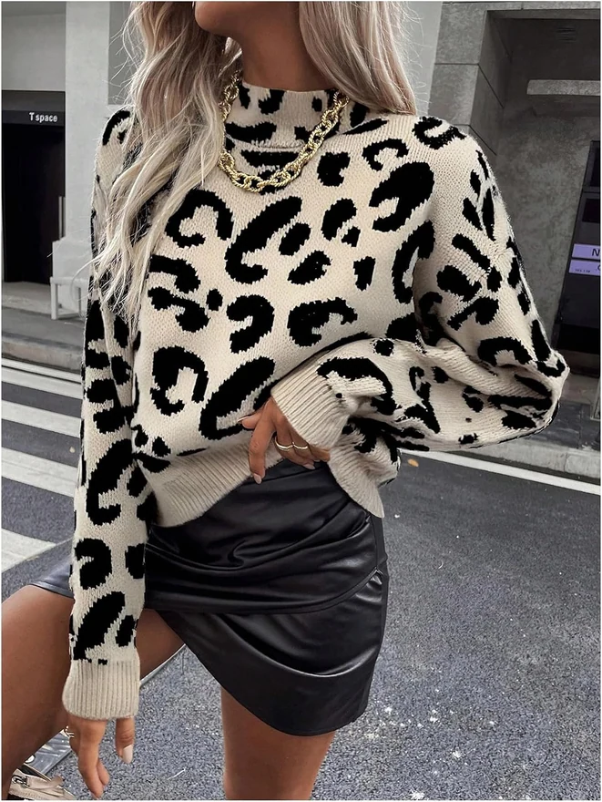 Leopard Print Sweater Mock Neck Long Sleeve Pullover Tops by OYOANGLE, photograph 2 of 3