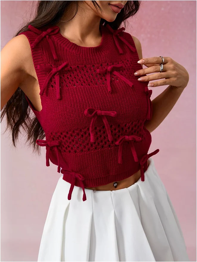 Bow Sweater Vest Cute Hollow Out Sleeveless Cropped Sweaters by OYOANGLE, photograph 4 of 4