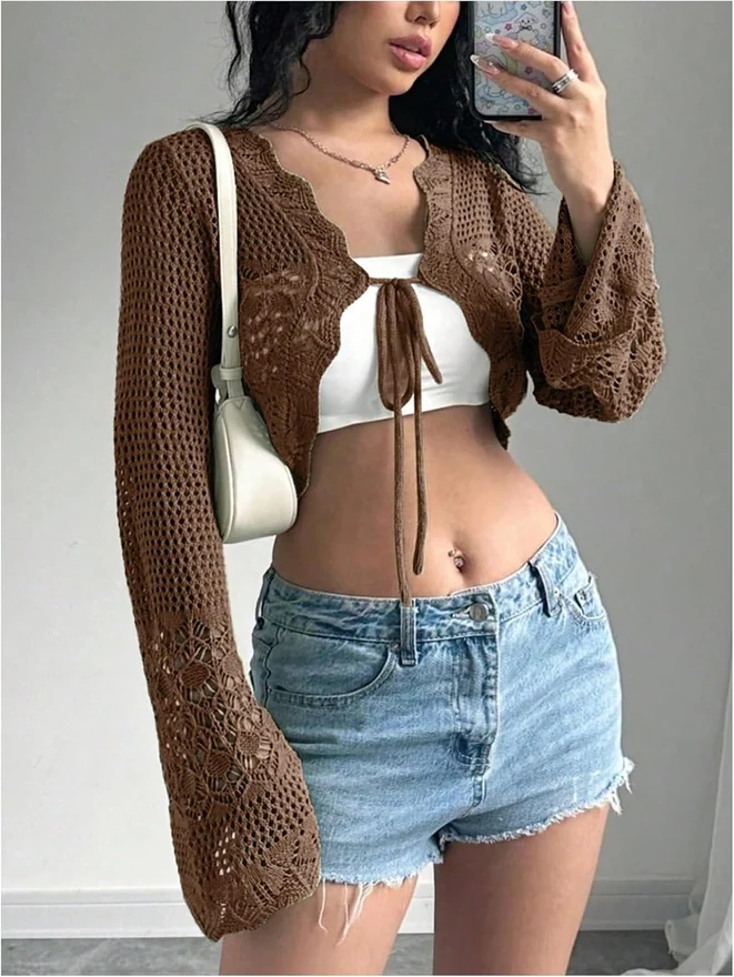 Crochet Tie Front Cardigan Sweater Bolero Shrug Brown by OYOANGLE, photograph 3 of 3