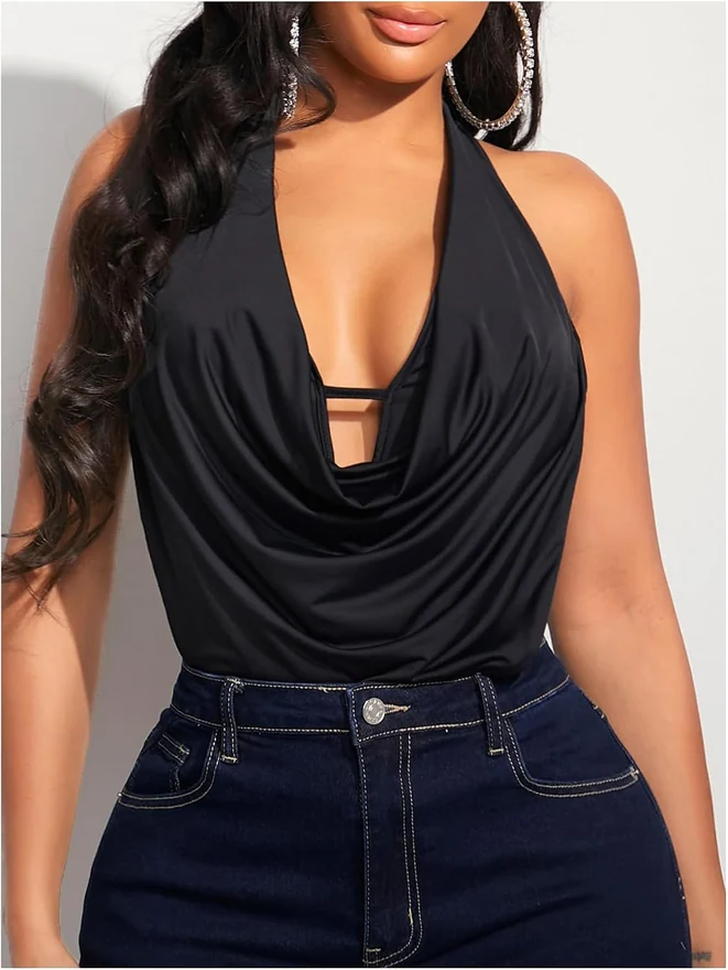 Draped Halter Bodysuits Backless Tank Top Bodysuit by OYOANGLE, photograph 4 of 4