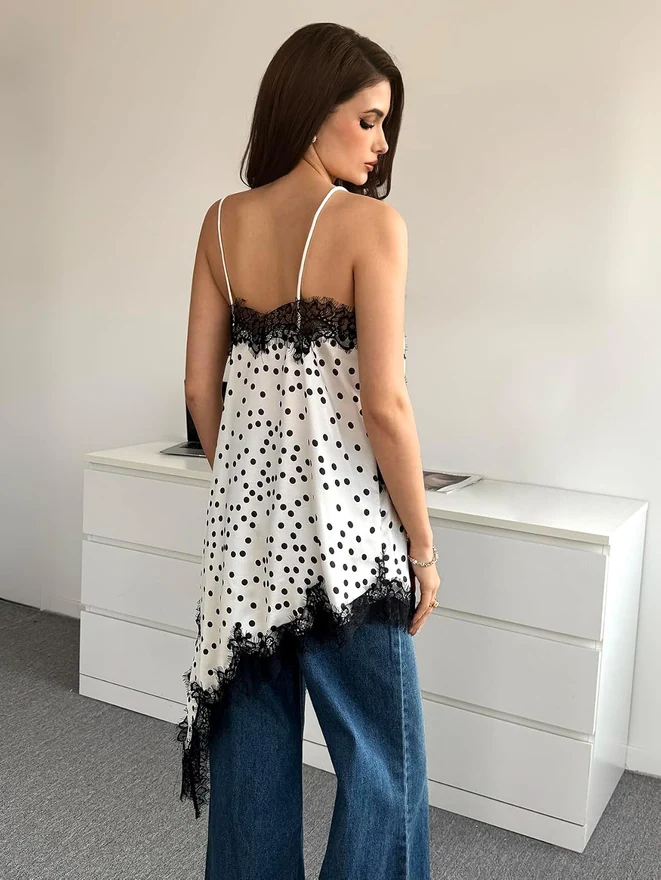 Polka Dots Sleeveless Top Lace Asymmetrical Hem Summer Going Out by OYOANGLE