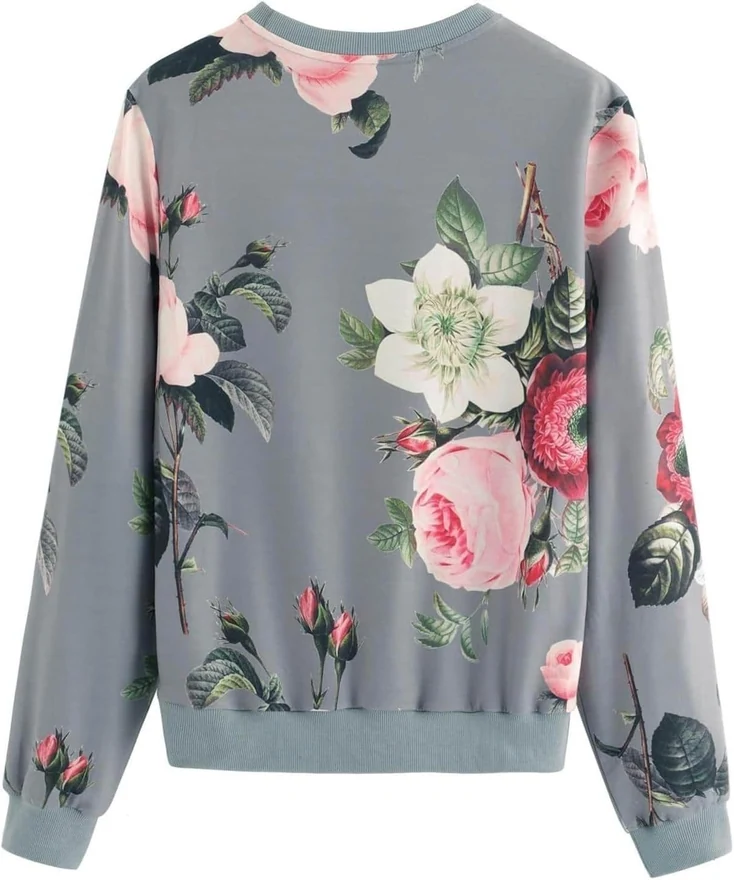 Casual Flower Print Long Sleeve Round Neck Pullover Grey by OYOANGLE, photograph 2 of 4