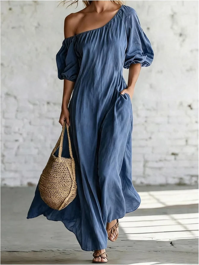 Off Shoulder Maxi Dress Puff Sleeve Flowy Vacation Dress by OYOANGLE, photograph 2 of 3