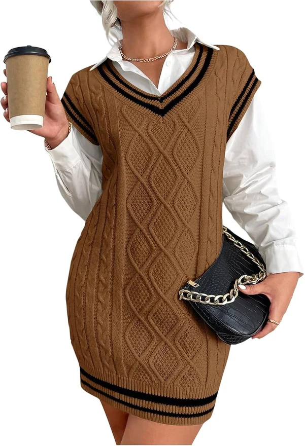 Striped Trim Cable Knit V Neck Sleeveless Sweater Dress by OYOANGLE