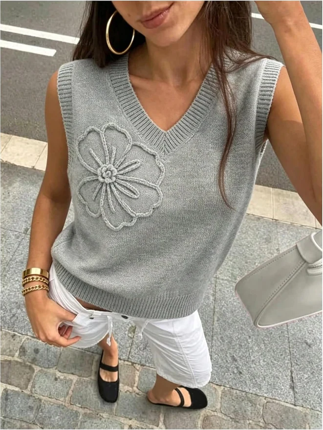 3D Floral Sweater Vest V Neck Sleeveless Pullover Knit Tank Top by OYOANGLE, photograph 4 of 4