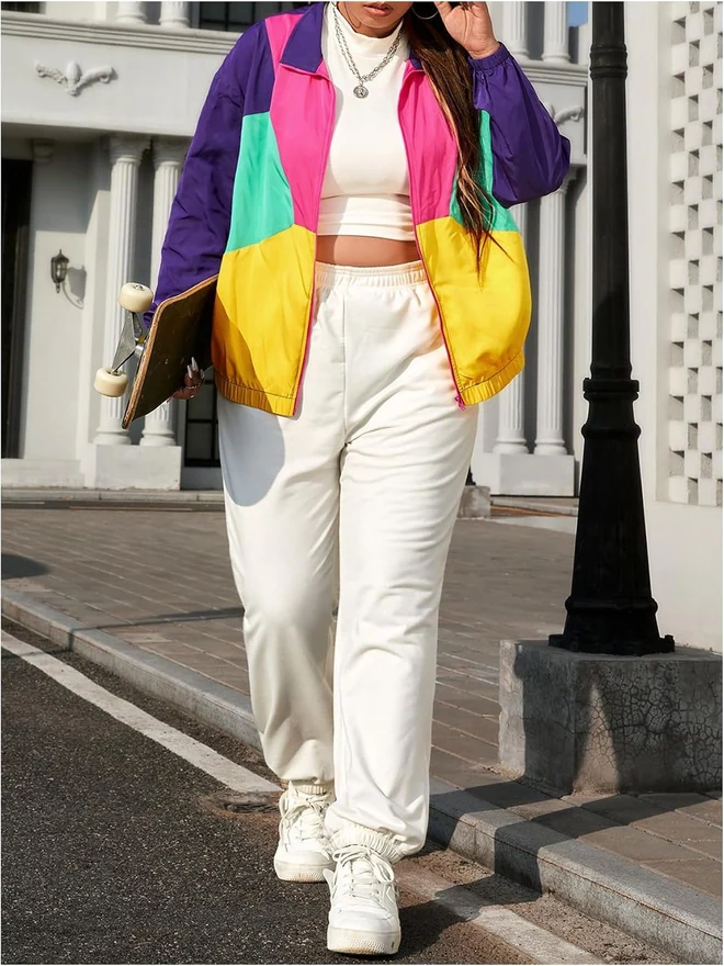 Plus Size Zip Up Casual Lightweight Color Block Bomber Jacket by OYOANGLE, photograph 4 of 4