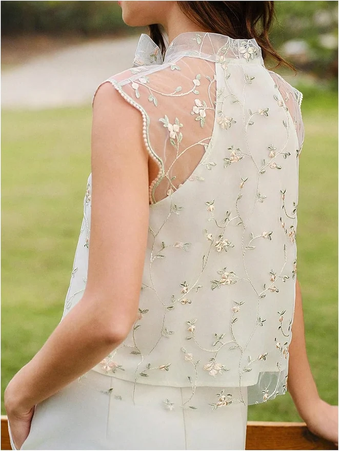 Floral Embroidery Sheer Mesh Blouse Bow Tie Neck Tops by OYOANGLE, photograph 4 of 4