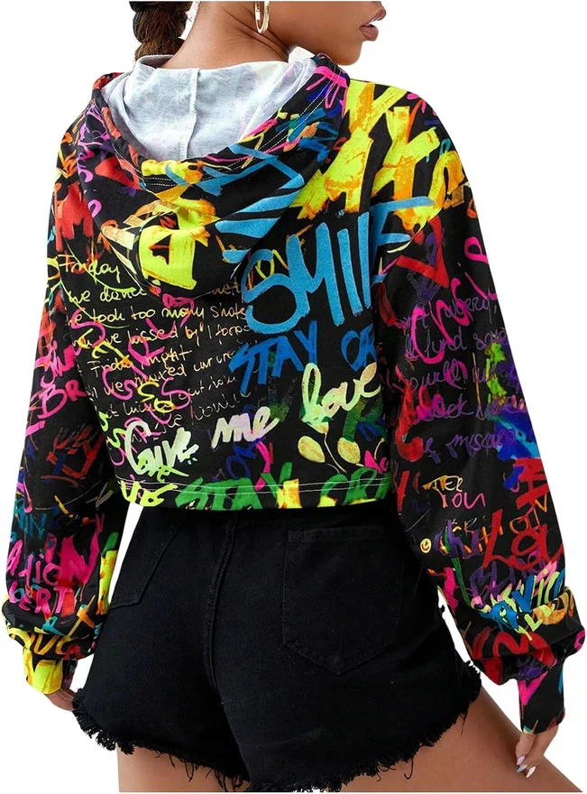 Crop Hoodie Long Sleeve Graffiti Print Hooded Sweatshirt by OYOANGLE, photograph 2 of 4