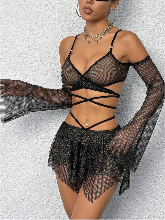 2 Piece Rave Outfits Festival Outfits Skirt Crop Top Set by OYOANGLE, photograph 4 of 4