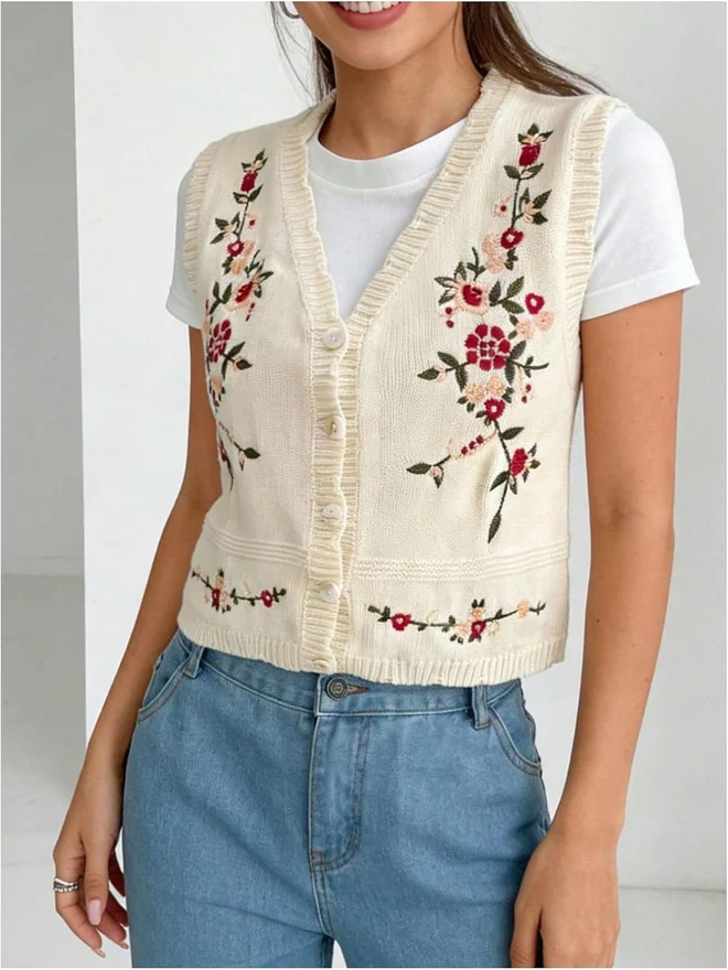Plus Size Floral Button Up Sweater Vest Knit Cardigan by OYOANGLE, photograph 3 of 4