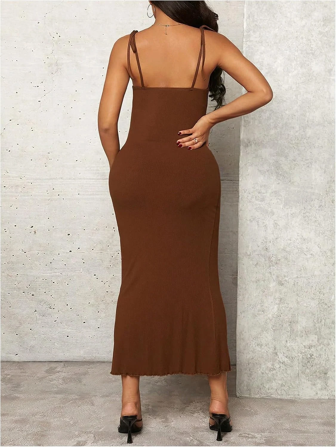 Maternity Ribbed Knit Bodycon Cami Midi Dresses Brown by OYOANGLE, photograph 1 of 2