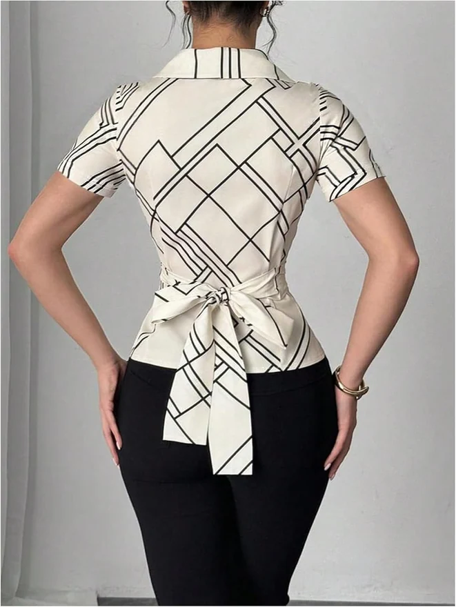 Lapel Neck Blouse Wrap Belted Slim Fitted Casual Shirt by OYOANGLE, photograph 3 of 4
