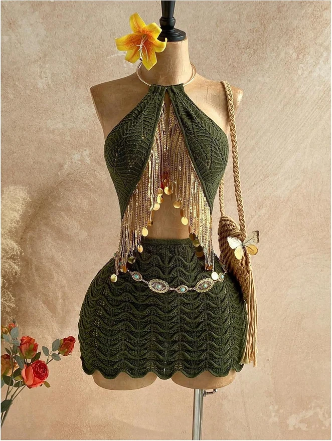 Sequin Fringe Cut Out Halter Dresses Crochet Bodycon Dress by OYOANGLE, photograph 3 of 3