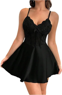 Floral Lace Satin Slip Dress Corset Mini Nightgowns Maroon in Black