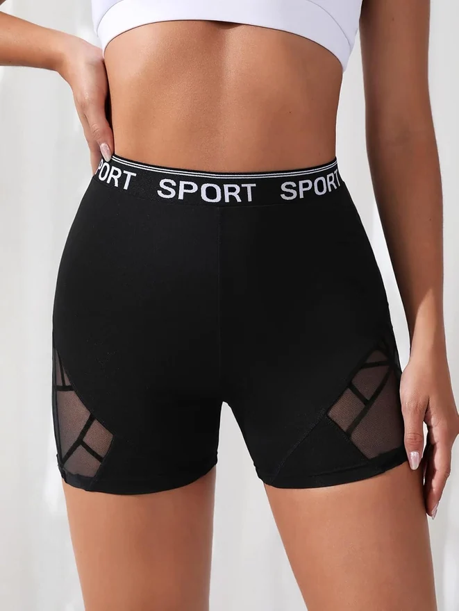 High Waisted Biker Shorts Letter Print Mesh Tummy Control Yoga by OYOANGLE, photograph 3 of 4