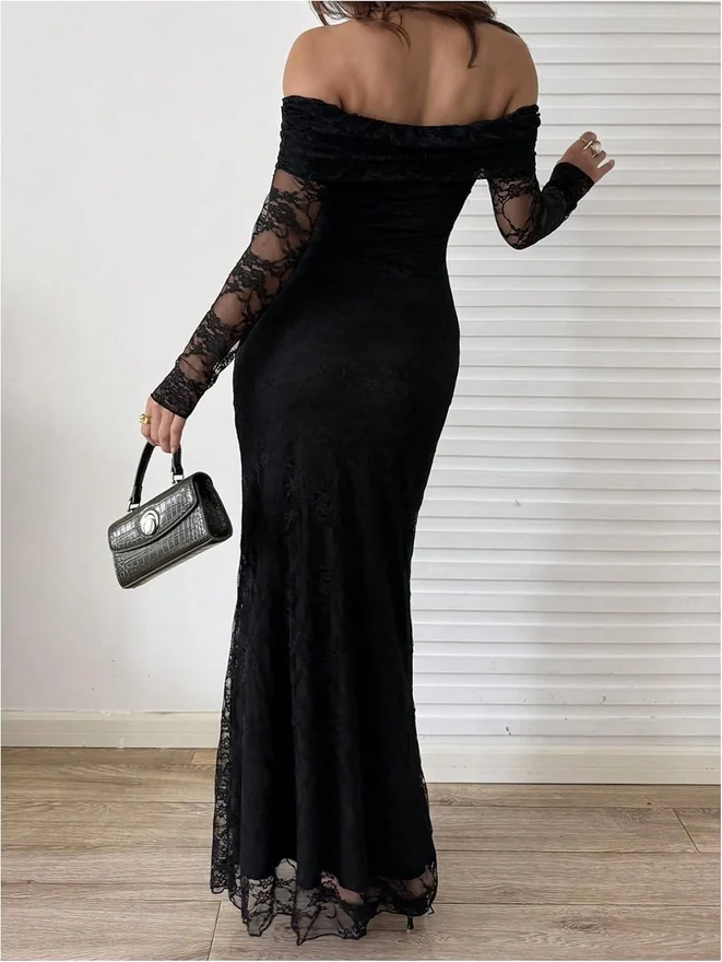 Lace Off the Shoulder Long Sleeve Bodycon Maxi Dress Black by OYOANGLE, photograph 2 of 3