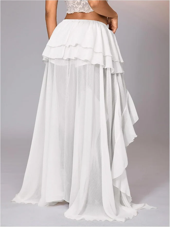 Boho Layered Ruffle Chiffon Y2K Elastic Cowgirl Maxi Skirt by OYOANGLE, photograph 4 of 4