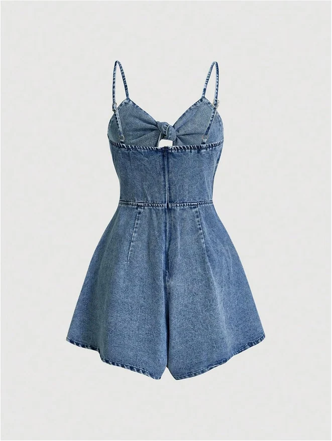 Vintage Bowknot Spaghetti Strap Denim Romper Jean Dress by OYOANGLE, photograph 2 of 4