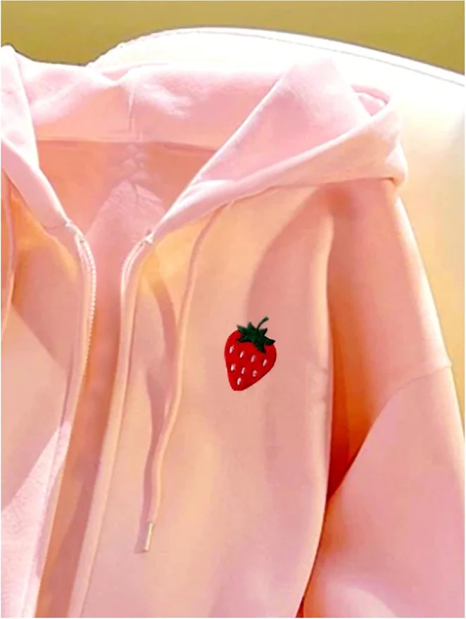 Strawberry Embroidered Zip Up Hoodies Oversized Long Sleeve by OYOANGLE, photograph 3 of 4