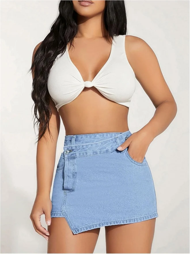 Wrap Denim Shorts High Waisted Asymmetrical Hem Y2K Jean Skirt by OYOANGLE