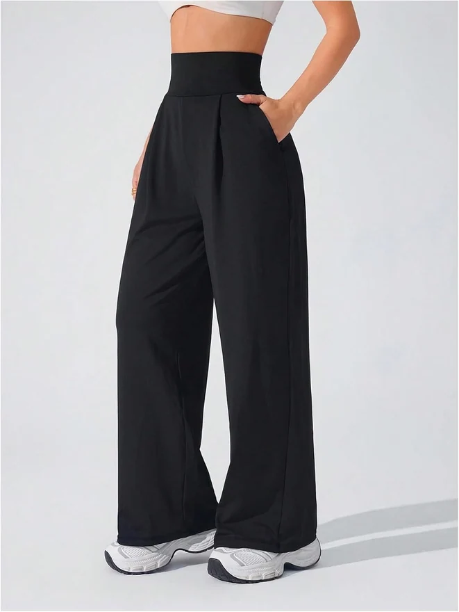 Wide Leg Yoga Pants Cinched High Waist Lounge Sweatpants by OYOANGLE, photograph 2 of 3