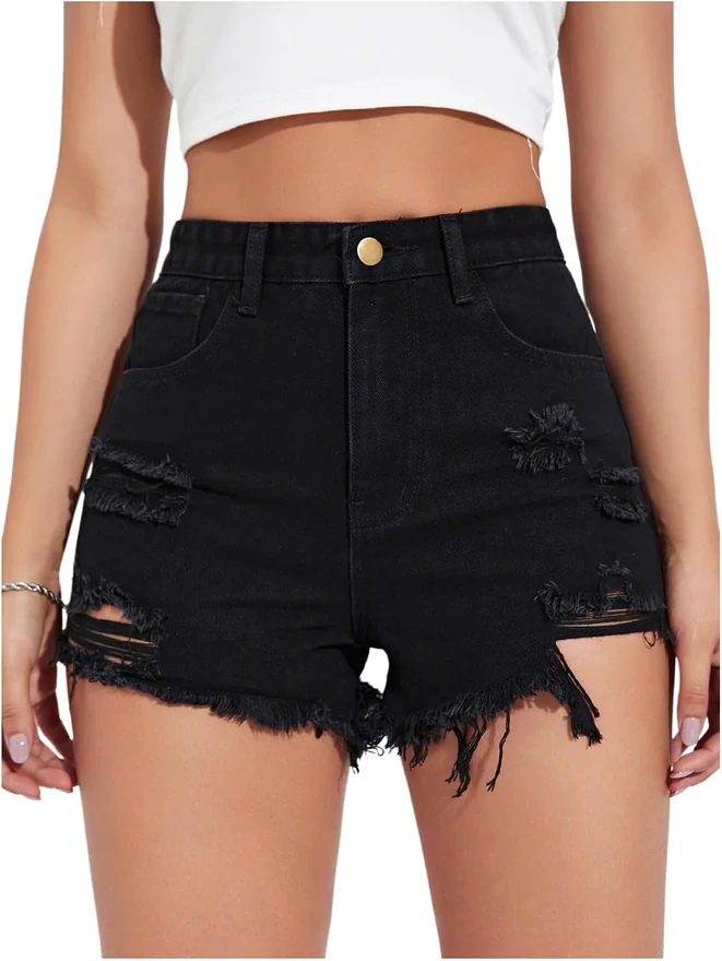 Y2K Ripped Skinny Mini Shorts Zipper Fly Denim Shorts Rave Party by OYOANGLE