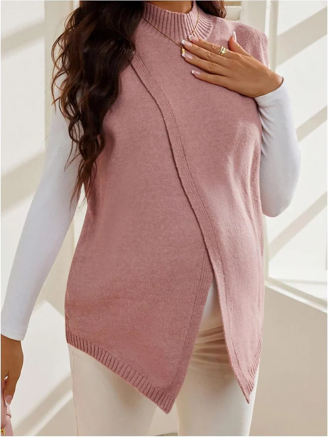 Maternity Sweater Vest Split Hem Mock Neck Sleeveless Pregnancy by OYOANGLE