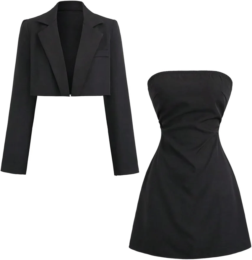 2 Piece Set Strapless A Line Mini Dress Long Sleeve Blazer by OYOANGLE