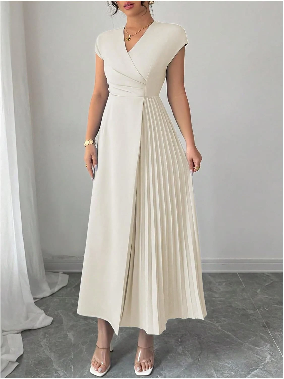 Cap Sleeve Belted Maxi Dress Apricot by OYOANGLE, photograph 1 of 3