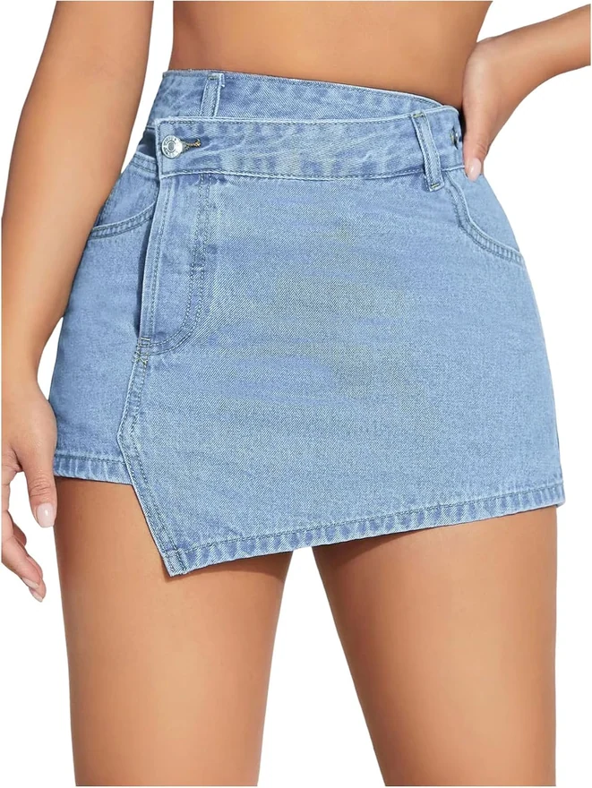 Wrap Denim Shorts High Waisted Asymmetrical Hem Y2K Jean Skirt by OYOANGLE, photograph 2 of 4