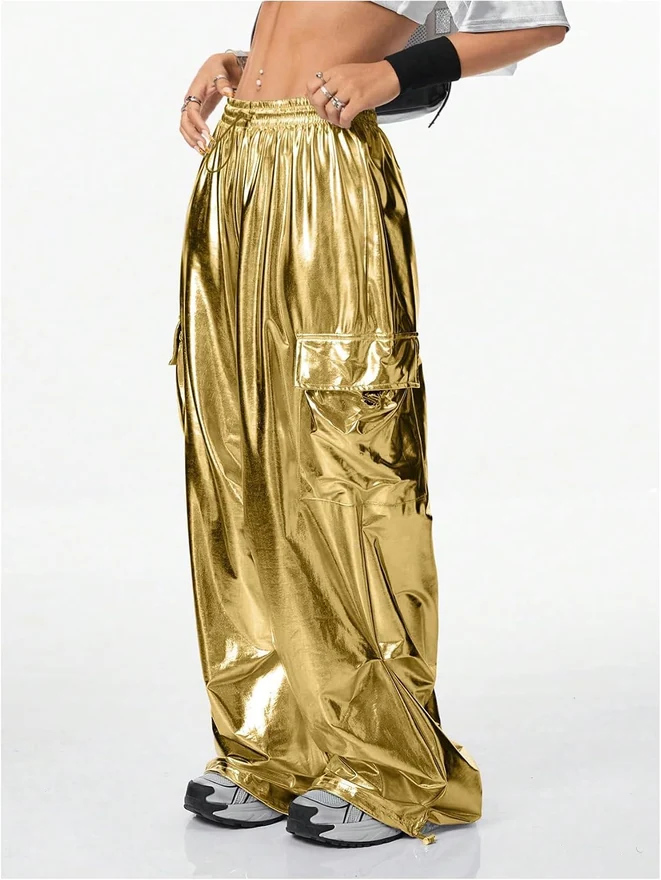 Metallic Pants High Waisted Y2K Cargo Pants Streetwear by OYOANGLE