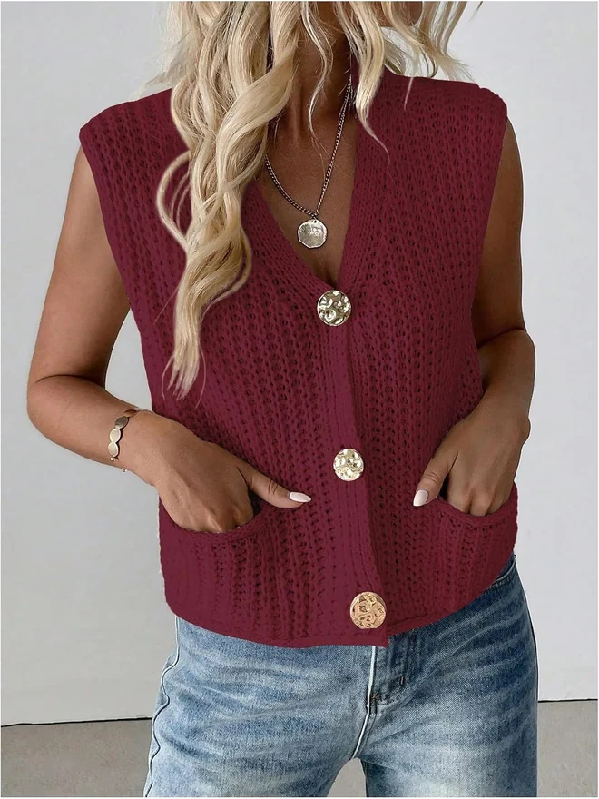 Button Up Chunky Sweater Vest Sleeveless V Neck Knitwear by OYOANGLE, photograph 4 of 4