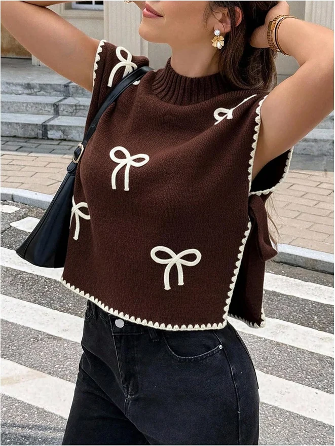 Bow Short Sleeve Sweater Side Tie Knit Pullover Top Brown by OYOANGLE, photograph 4 of 4