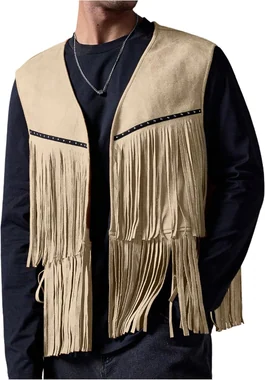 Casual Suede Top Shirt Boho Fringe Trim Open Front Sleeveless in Apricot