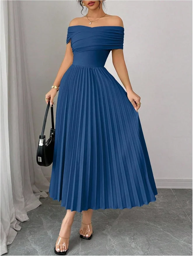 Off The Shoulder Dress Cinched Waist Wedding Guest Dresses by OYOANGLE, photograph 2 of 3