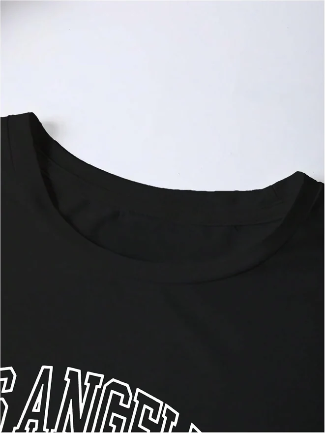 Plus Size Letter Graphic Short Sleeve Tee Shirt Crew Neck Drop by OYOANGLE, photograph 3 of 3